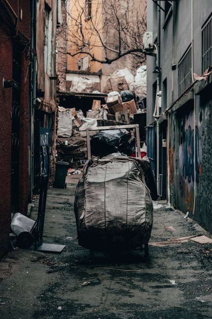 A large collection of mixed waste, including cardboard boxes, plastic bags, paper, and packaging materials, piled on a paved sidewalk area in front of a bin designated for mixed paper and cardboard recycling. The waste appears overflowing, with some items spilling onto the surrounding ground, and is situated adjacent to a parked car with a visible license plate. Behind the pile, there are recycling containers and garbage bins in black, red, and green, positioned near a metal railing that separates the sidewalk from a commercial building with a blue scaffolding structure and storefront signage. The scene is set during daylight hours, with natural lighting highlighting the varied textures and colors of the waste materials. This setup illustrates an instance of excess rubbish accumulation that may require cleaning or collection services, such as those offered by Waste Removal Paddington, to manage private or independent disposal outside typical municipal collection. The environment appears urban, with visible elements of waste management infrastructure and commercial premises in the background.