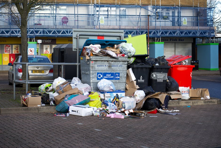 A collection of overflowing rubbish bins and scattered waste bags on a paved urban street scene, directly outside a commercial building with a storefront and a blue metal scaffolding structure covering the upper level. The waste includes various black and black plastic bags, cardboard boxes, crumpled paper, plastic containers, and packaging materials, some of which are spilling onto the sidewalk and street. The bins are made of plastic and metal, with one large grey bin labeled for mixed paper and card, a smaller black bin, and a bright red bin; some lids are open or tilted. To the left, a parked grey car with a visible license plate is nestled between a metal railing and a tree. In the background, the building features signage indicating commercial premises with glass doors, and there are no visible signs of waste collection activity or containment, suggesting a scenario where private rubbish removal services like Waste Removal Paddington may be employed for alternative waste disposal. Natural daylight illuminates the scene, highlighting the textures of crumpled paper and glossy plastic wrappers, with the focus on the cluttered heap in the foreground and the store façade behind.