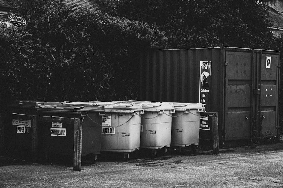 A row of six wheeled waste bins with closed lids, situated on an asphalt ground near a large metal shipping container. The bins are made of plastic, with two dark-colored bins labeled 'PAPER' and 'ELECTRONIC WASTE,' and four light-colored bins designated as 'LANDFILL ONLY.' The surface of the bins appears textured and slightly weathered. To the right of the bins, a black shipping container with visible corrugated metal panels and locking doors is positioned, bearing a label with the 'Royal Molf' logo. Behind the scene, dense trees and foliage cast shadows, indicating natural outdoor lighting. The overall setting suggests an area used for the external collection of waste, consistent with private rubbish removal services, supported naturally by the presence of the bins and container. The scene remains neutral and professional, with no human activity visible, capturing a typical waste management situation outside a residential or commercial property.